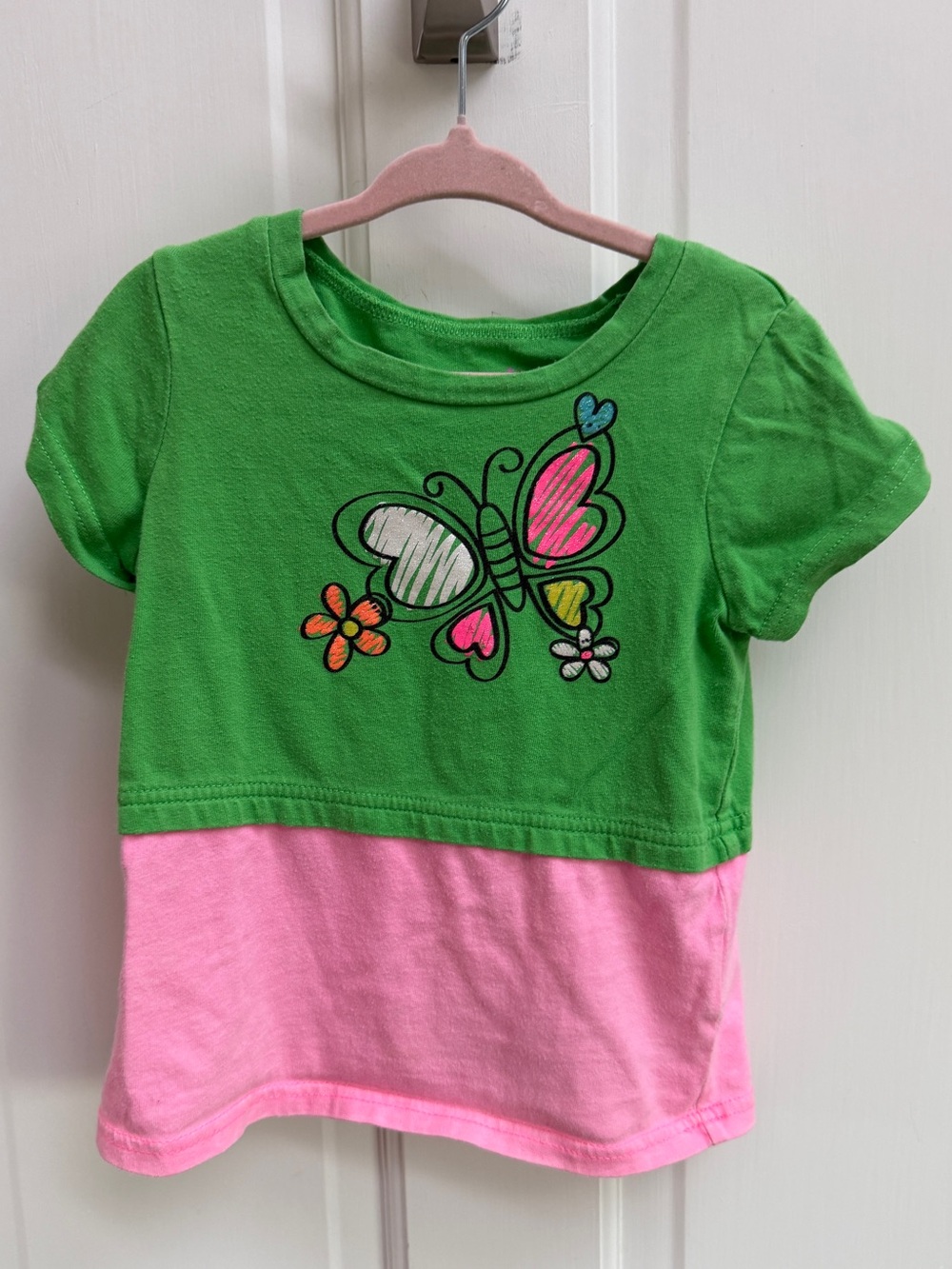 okie dokie 4T Green and Pink Butterfly Colorblock Short Sleeve Shirt Blouse Top